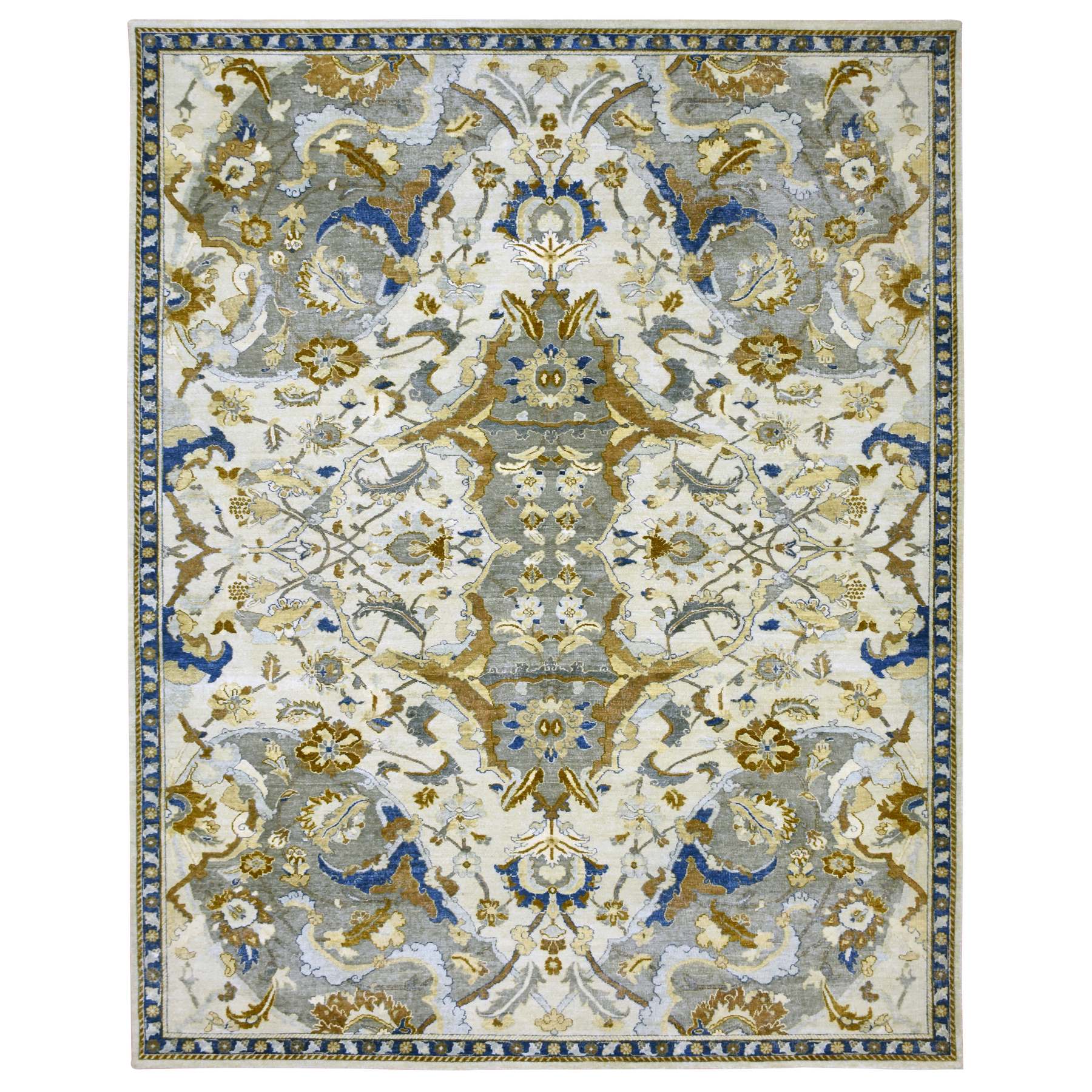 12'x15'5" Powder White, Polonaise Czartoryski with Persian Isphahan Inspired Design, 100% Wool, Distinct Abrash, Hand Knotted, Zero Pile, Oversized, Oriental Rug 